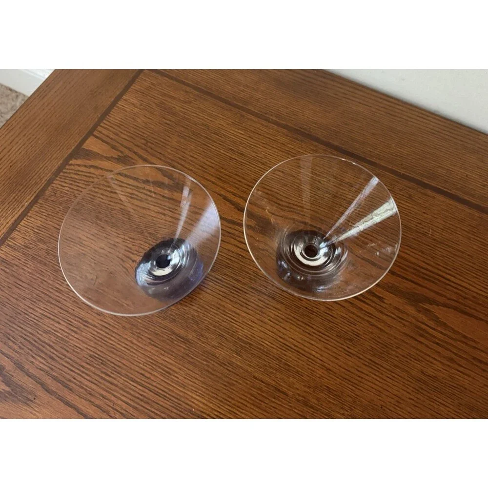 Set of 2 Post Modern Clear Glass Martini Glasses Blue & Amber Ball Base